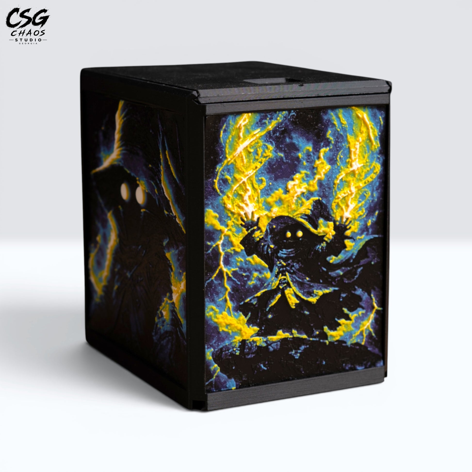 MTG Commander Deck Box PRISM Series, corner angle view of hooded spellcaster with glowing lightning on white background — Chaos Studio Georgia