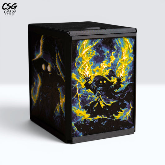 MTG Commander Deck Box PRISM Series, corner angle view of hooded spellcaster with glowing lightning on white background — Chaos Studio Georgia