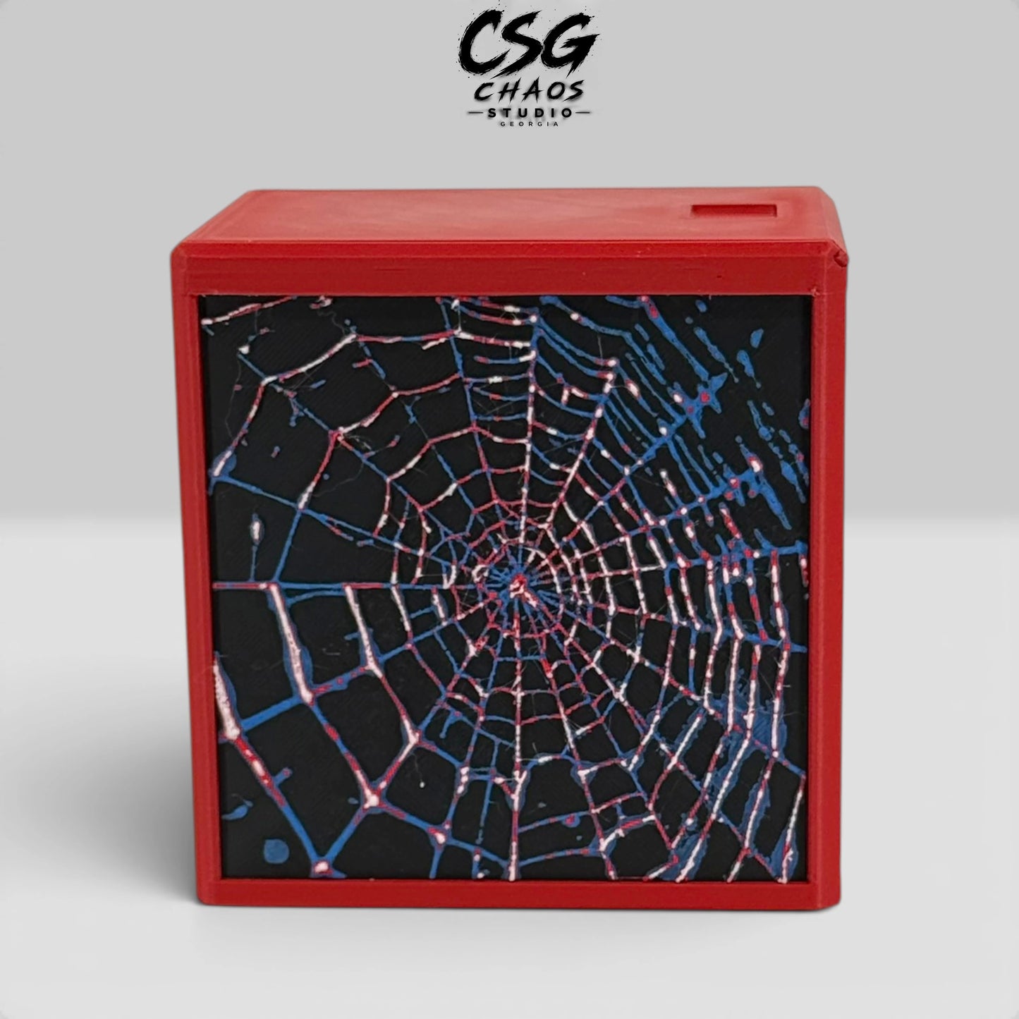 MTG commander deck box PRISM Spider Web in black frame with silver Hueforge web panels — Chaos Studio Georgia