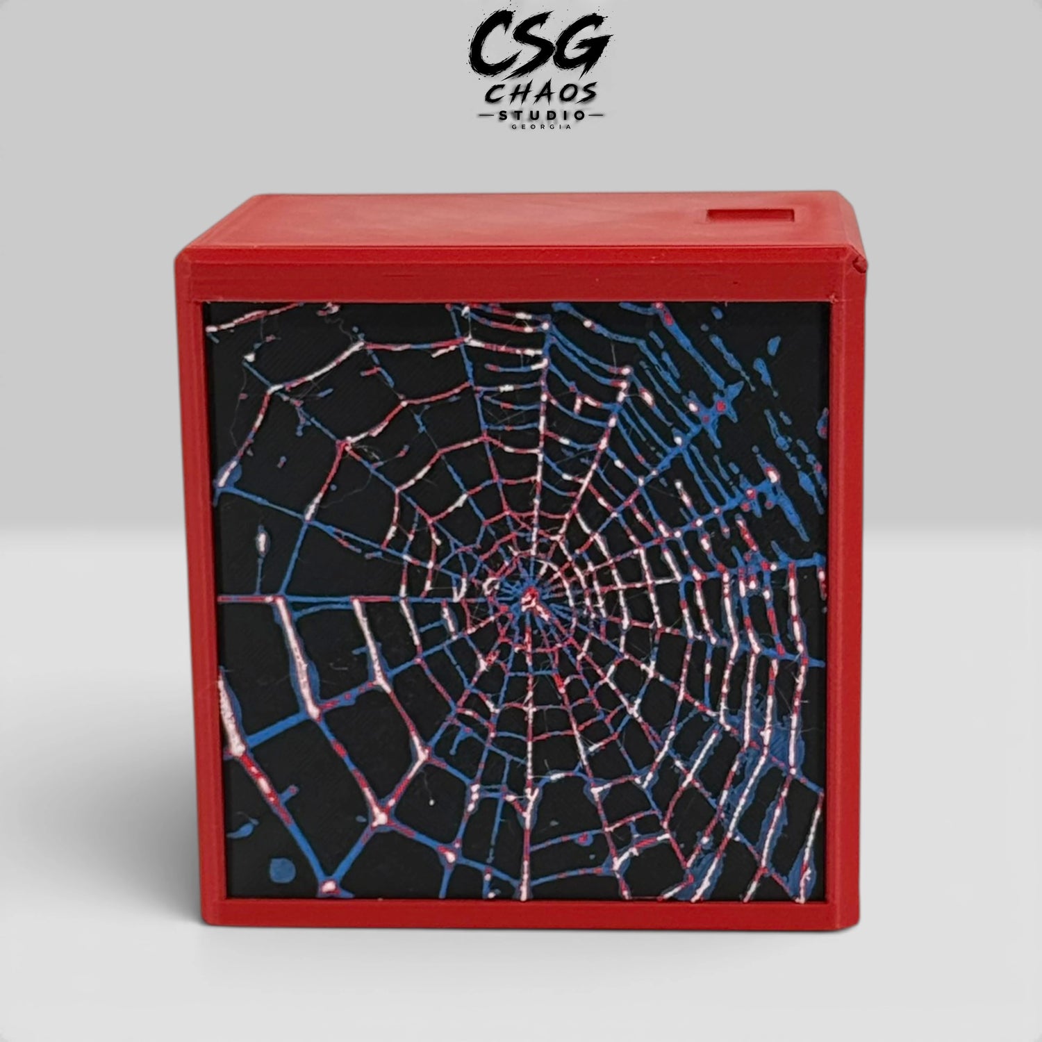 MTG commander deck box PRISM Spider Web in black frame with silver Hueforge web panels — Chaos Studio Georgia