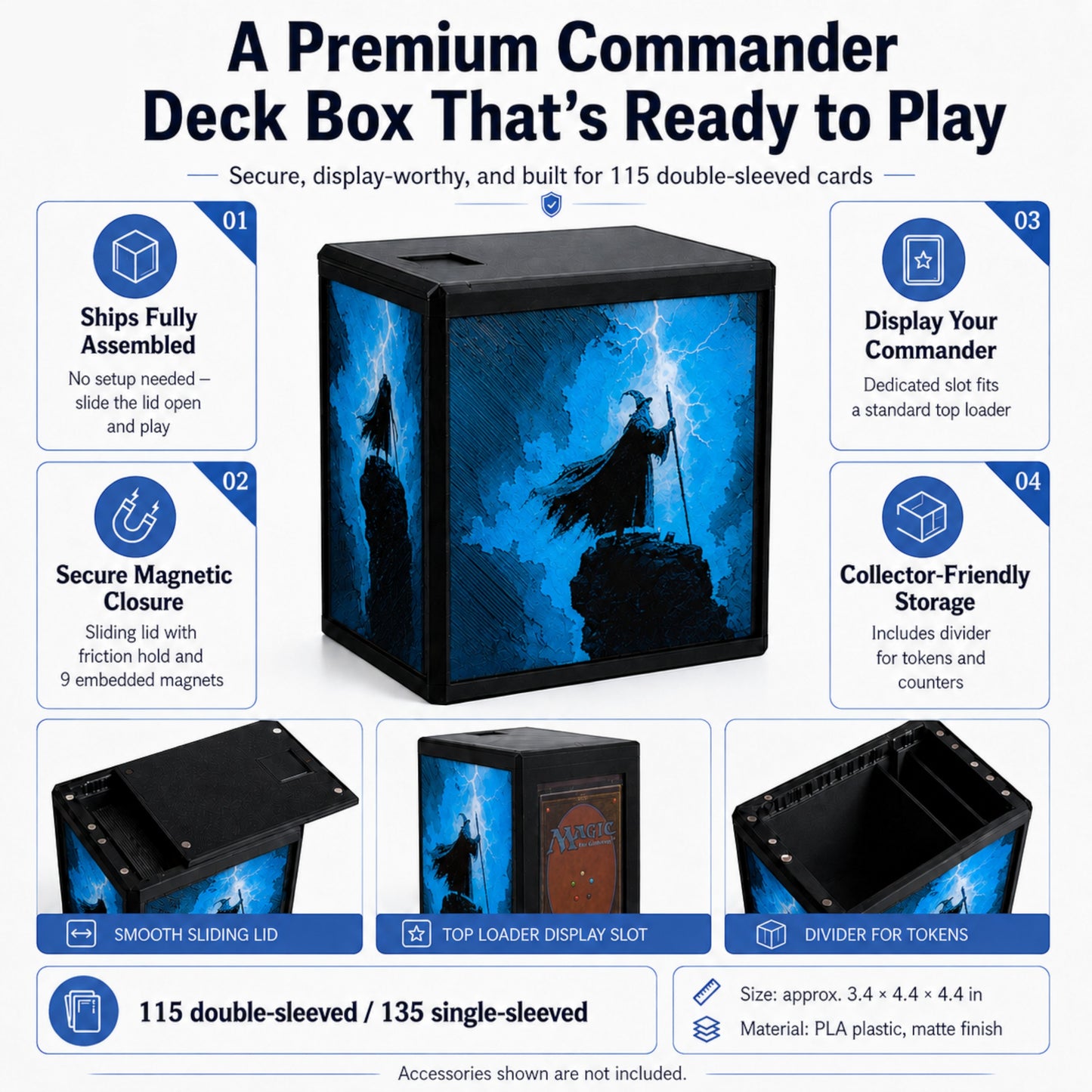 MTG Commander Deck Box PRISM Series, front view with blue storm and wizard silhouette panel art — Chaos Studio Georgia