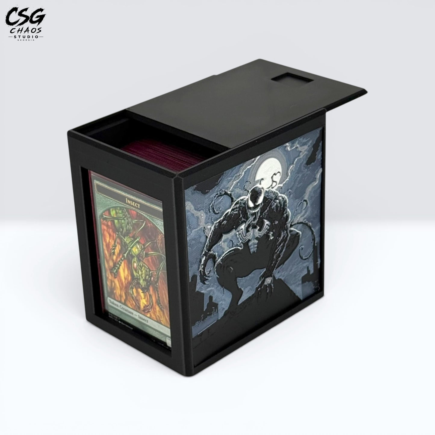 MTG Commander Deck Box PRISM Series, front view with creature card displayed in top loader slot on white background — Chaos Studio Georgia