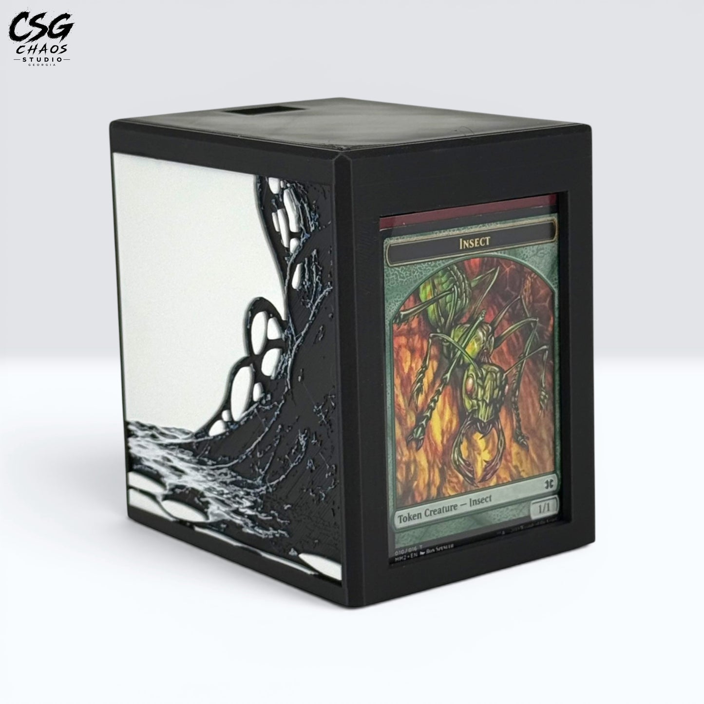 MTG Commander Deck Box PRISM Series, front view with insect creature card displayed in top loader slot — Chaos Studio Georgia