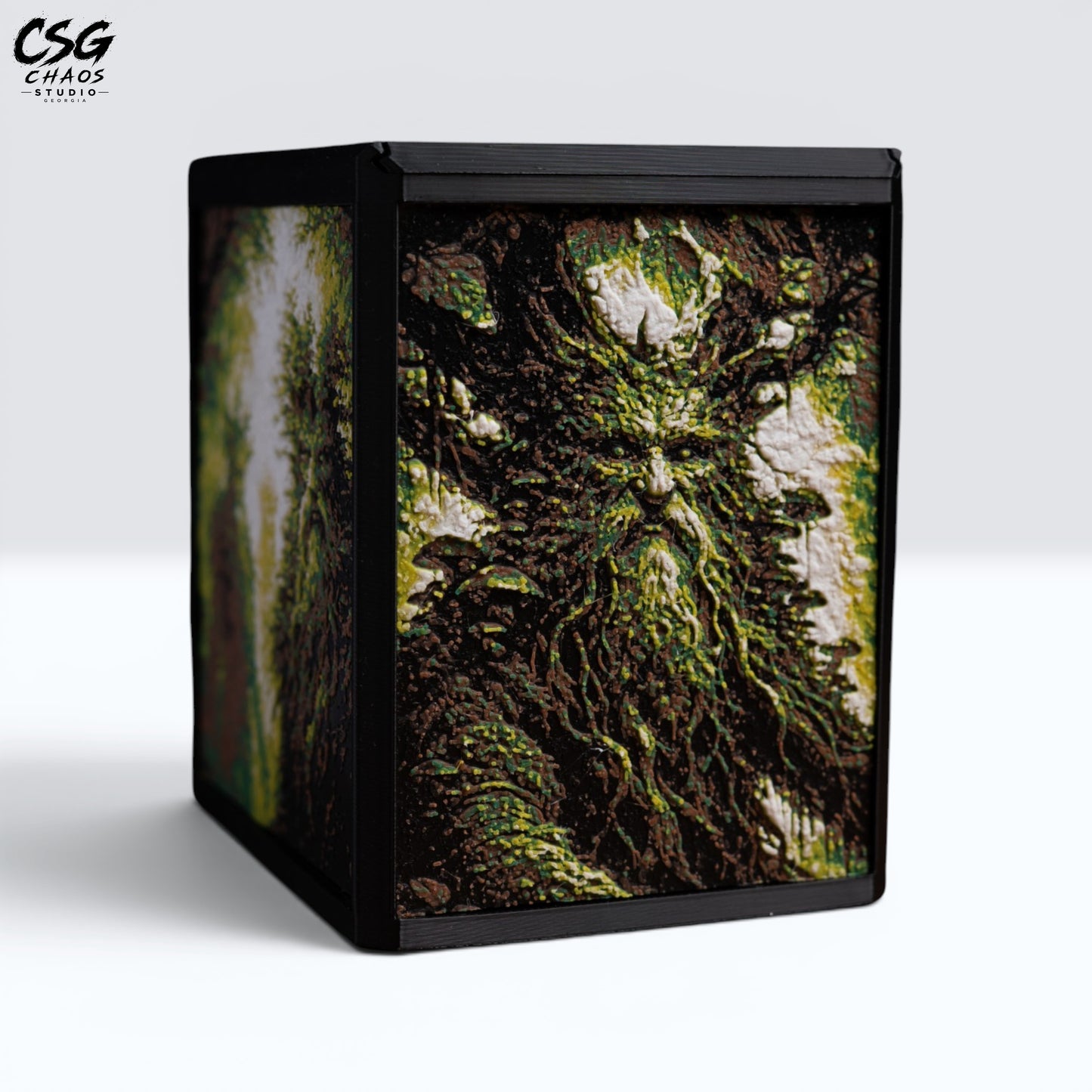 MTG Commander Deck Box PRISM Series, corner view with sculpted treefolk face art in green and brown — Chaos Studio Georgia