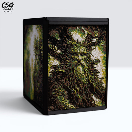 MTG Commander Deck Box PRISM Series, corner view with sculpted treefolk face art in green and brown — Chaos Studio Georgia