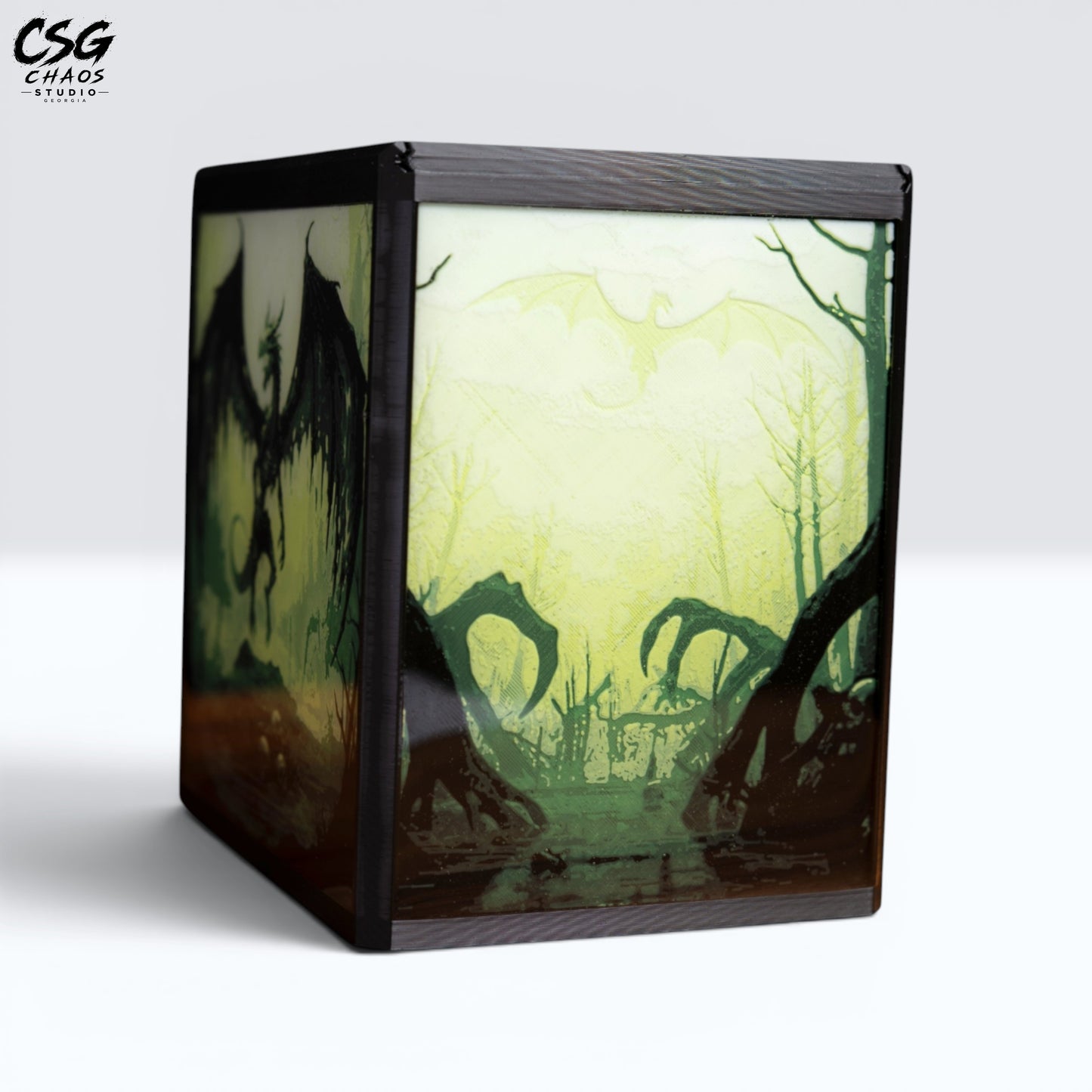 MTG Commander Deck Box PRISM Series, back panel view with dragon wing silhouette over pale green moonlit sky — Chaos Studio Georgia