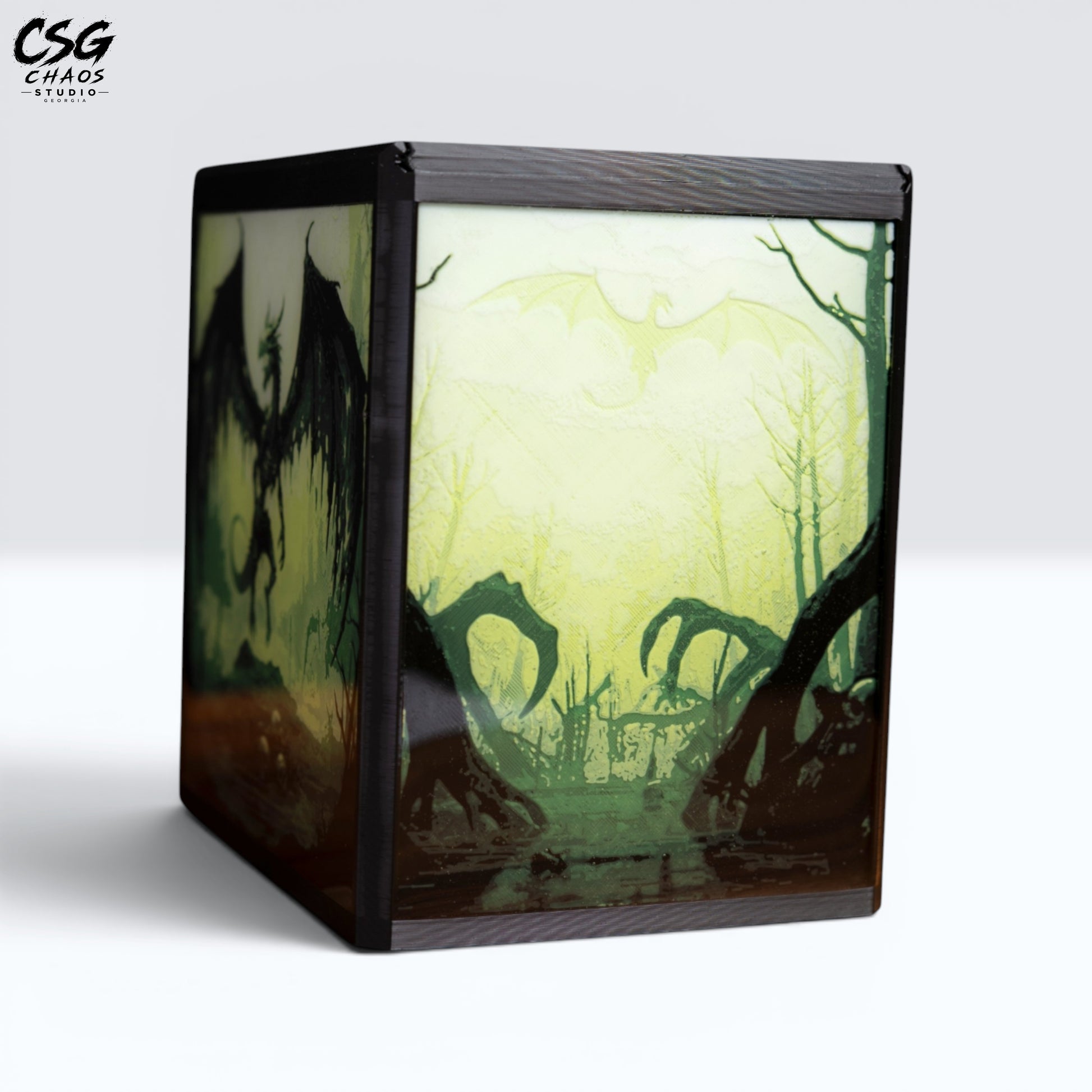 MTG Commander Deck Box PRISM Series, back panel view with dragon wing silhouette over pale green moonlit sky — Chaos Studio Georgia