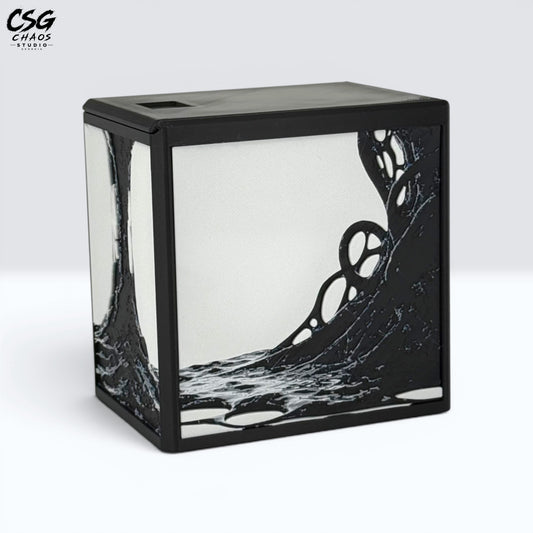 MTG Commander Deck Box PRISM Series, corner angle view of black venom drip panel art on white background — Chaos Studio Georgia