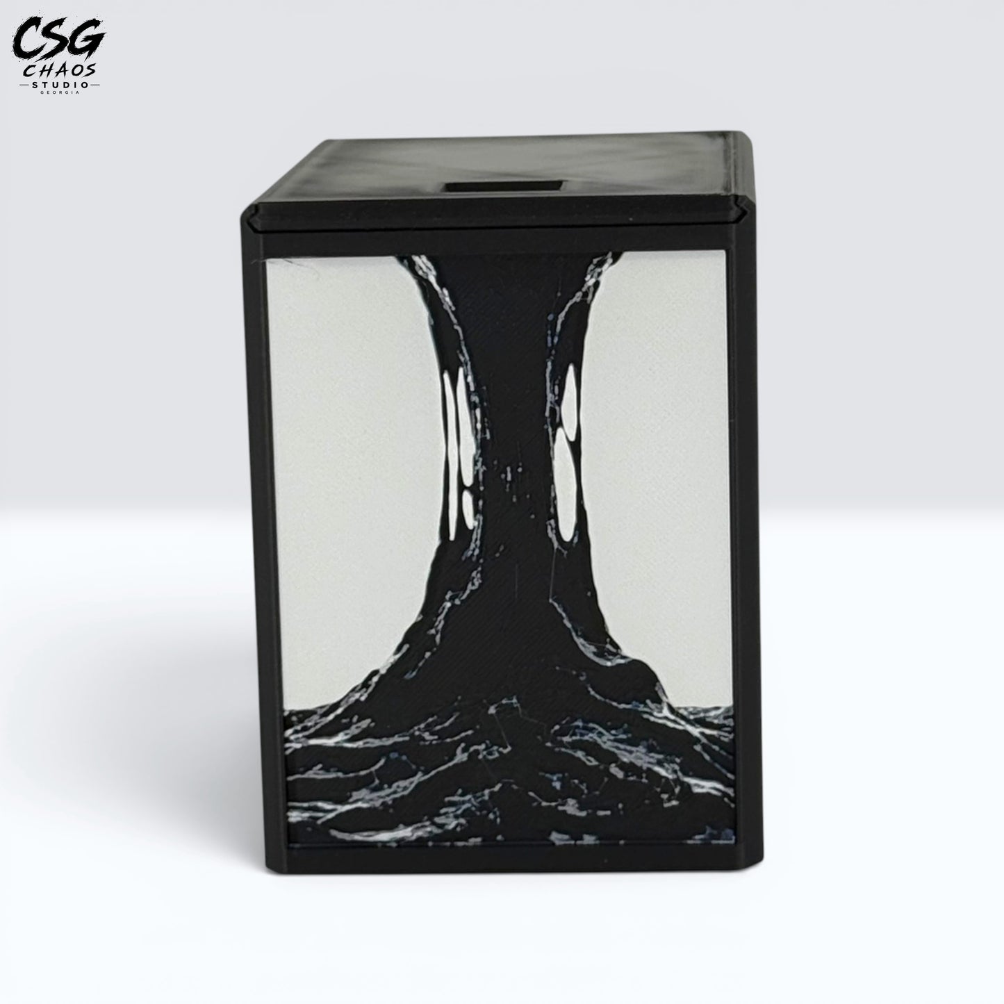 MTG Commander Deck Box PRISM Series, front view of dripping black ooze panel art on white background — Chaos Studio Georgia