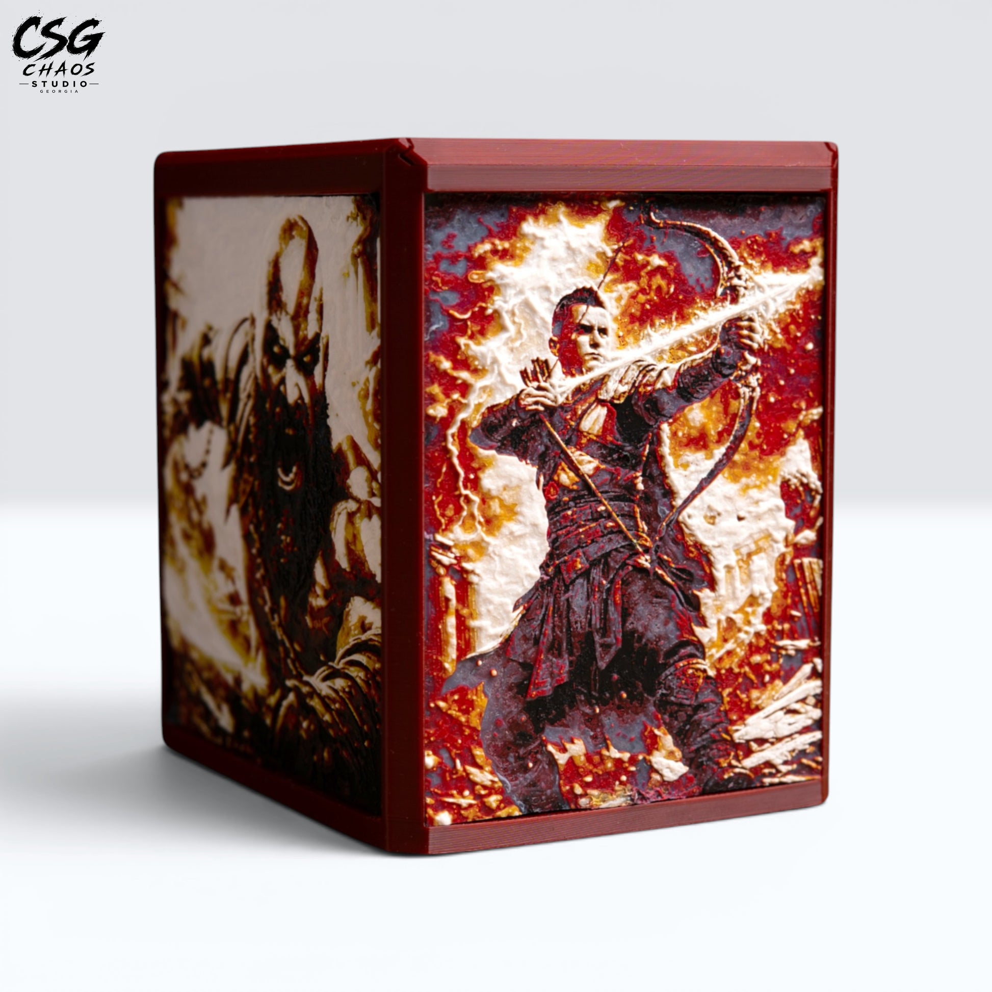 MTG Commander Deck Box PRISM Series, corner angle with warrior archer panel art on dark red frame — Chaos Studio Georgia