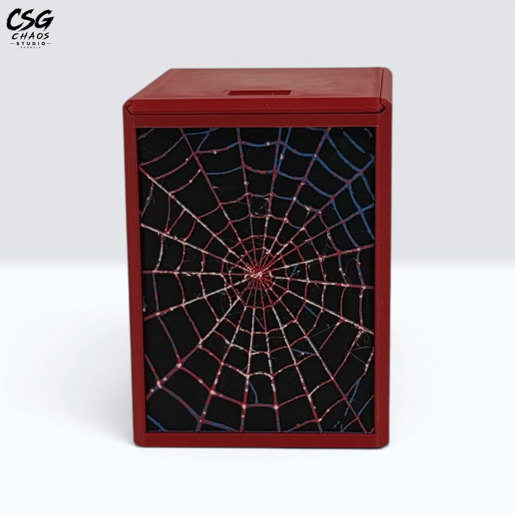 MTG Commander Deck Box PRISM Series, close-up front view of web pattern with red-toned center — Chaos Studio Georgia