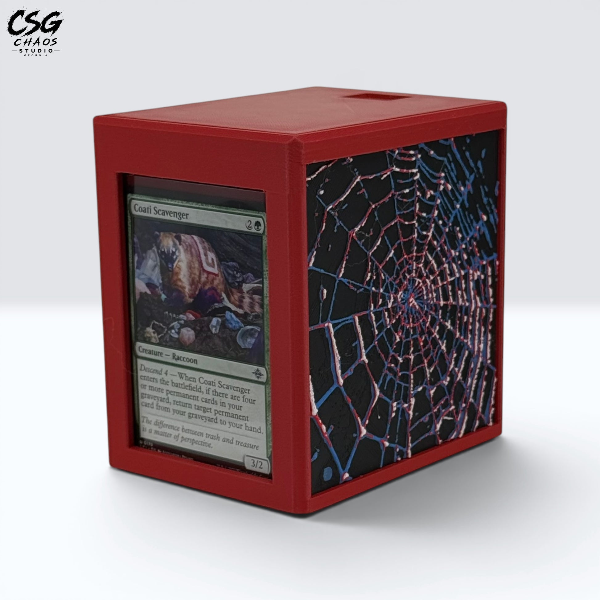 MTG Commander Deck Box PRISM Series, angled view of web panel beside a sleeved card window — Chaos Studio Georgia