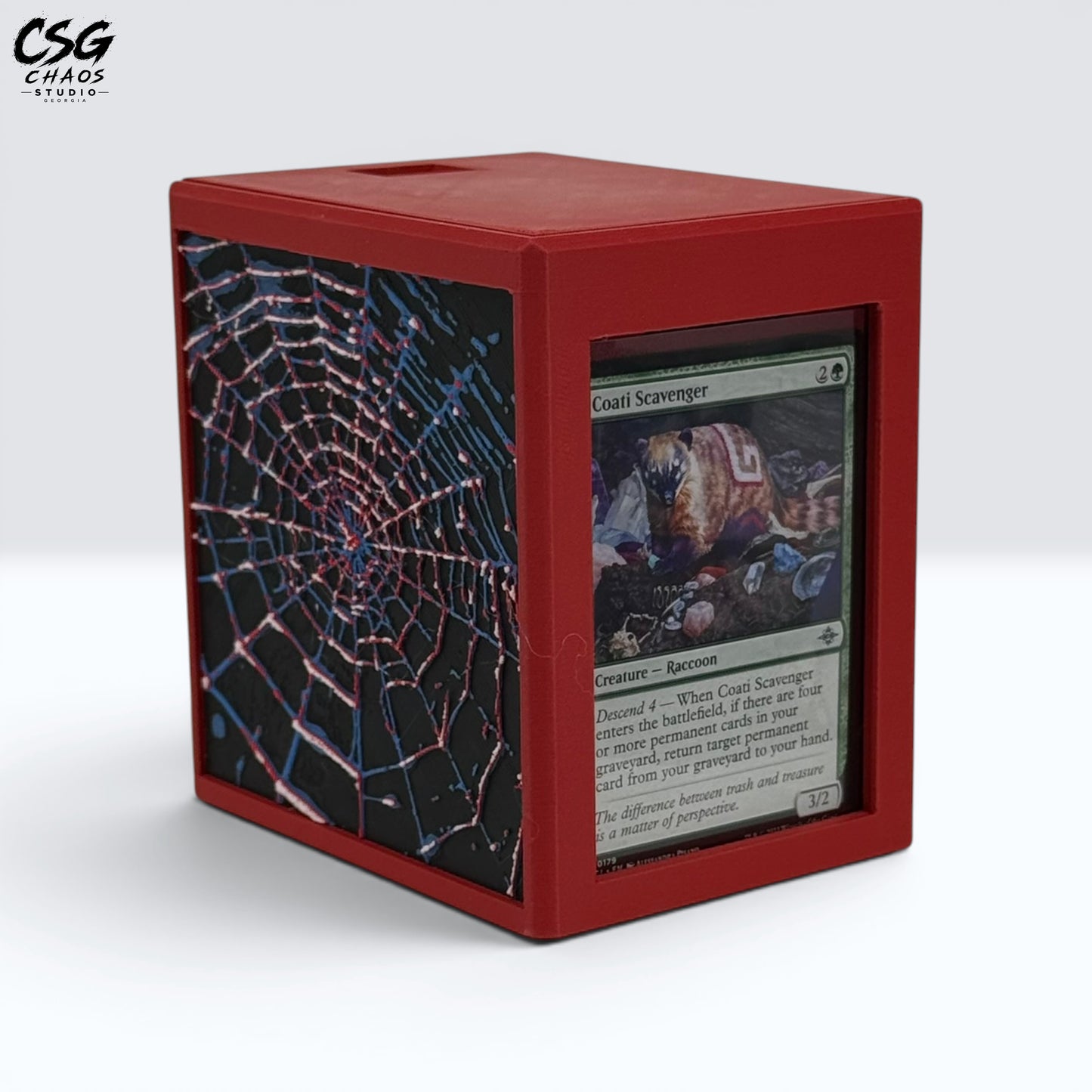 MTG Commander Deck Box PRISM Series, front view of web panel and card display window together — Chaos Studio Georgia