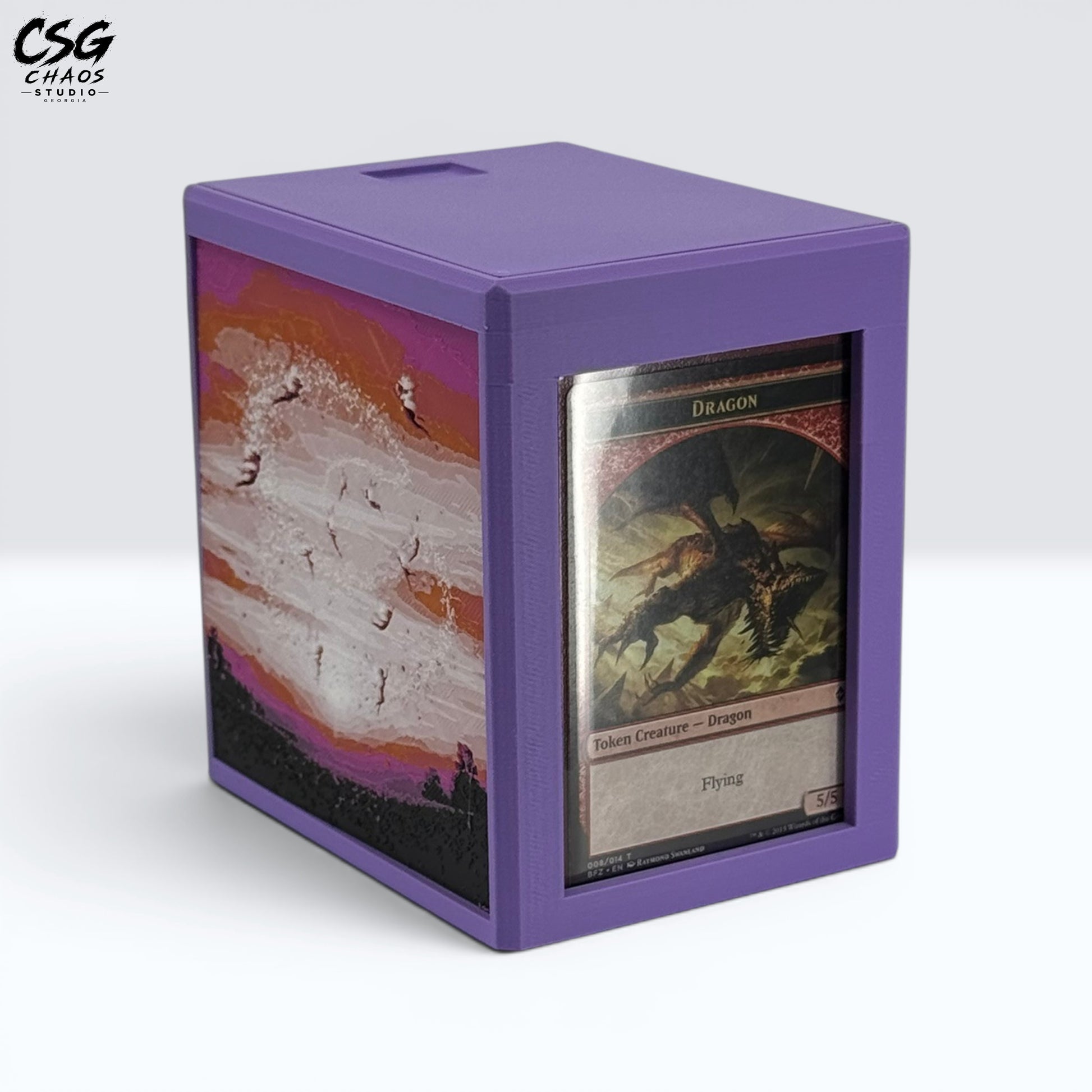MTG Commander Deck Box PRISM series, close view of the commander window showing a Dragon token card — Chaos Studio Georgia