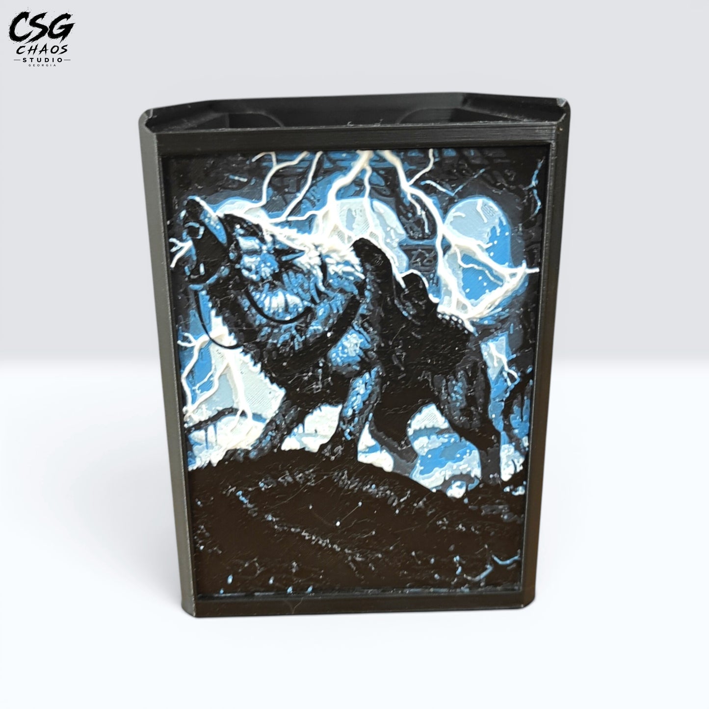 MTG Commander Deck Box PRISM Series, close panel view with dark wolf silhouette under lightning-streaked sky — Chaos Studio Georgia