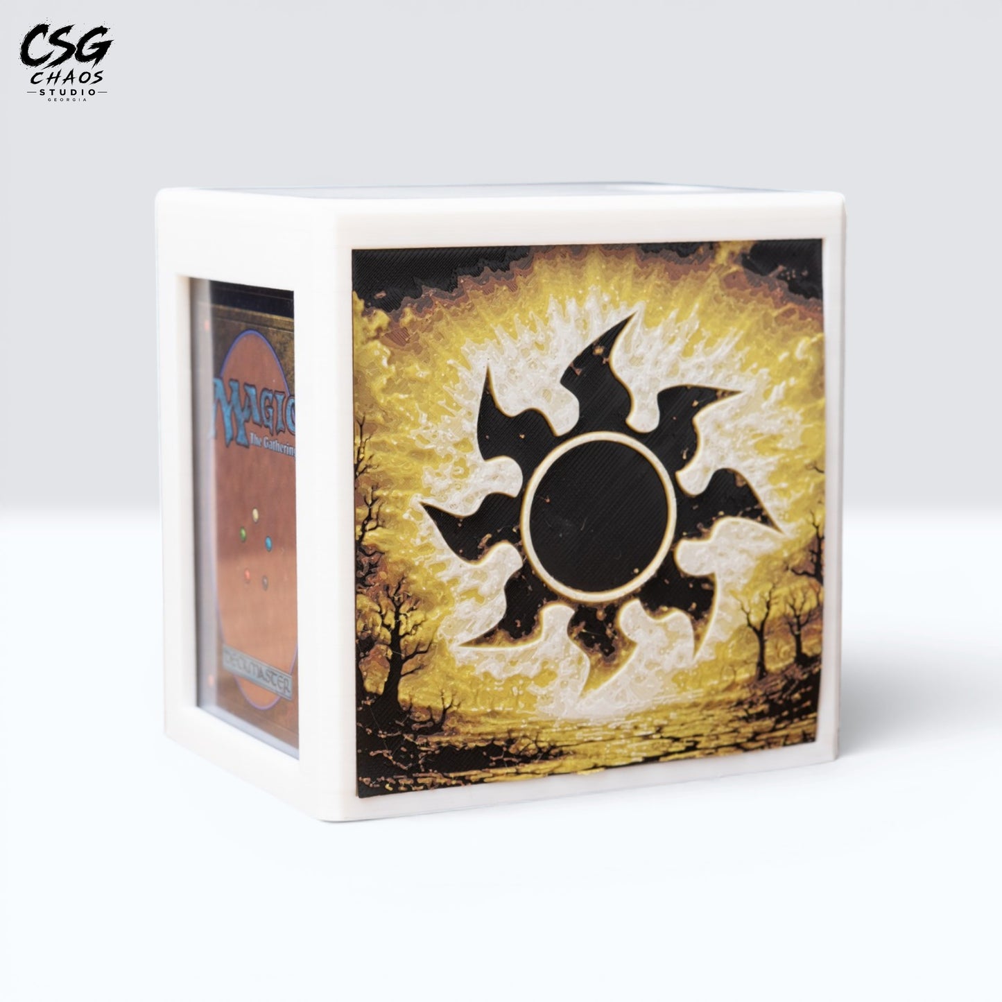MTG Commander deck box with lid open and a card in the front display window, white and gold sun panel — Chaos Studio Georgia