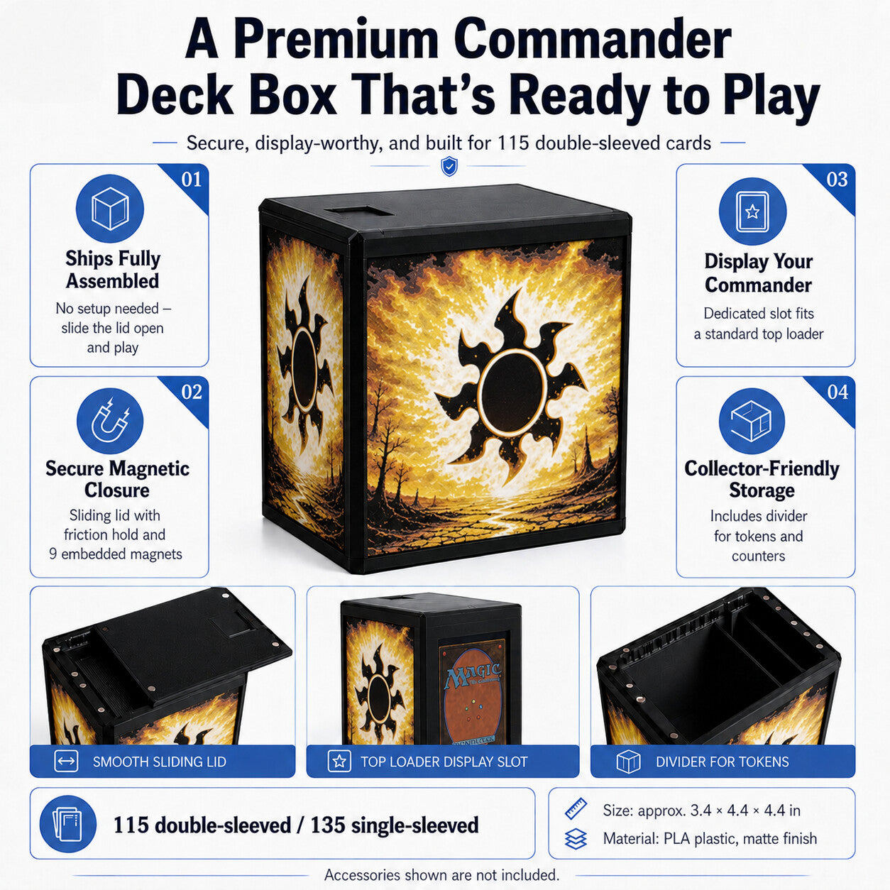 MTG Commander deck box feature graphic — magnetic sliding lid, display window and removable divider — Chaos Studio Georgia