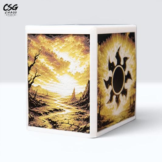 MTG Commander deck box in white with a Hueforge sunburst sigil over a golden plains scene, front view — Chaos Studio Georgia
