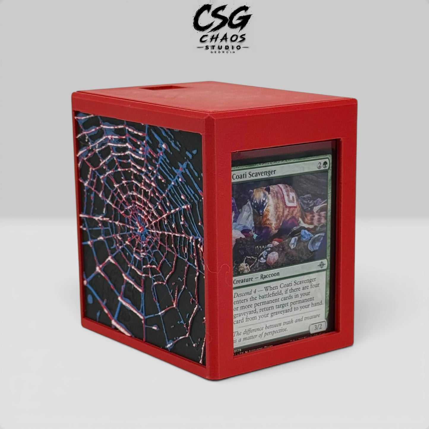 MTG commander deck box Spider Web open showing sliding lid and interior card space — Chaos Studio Georgia