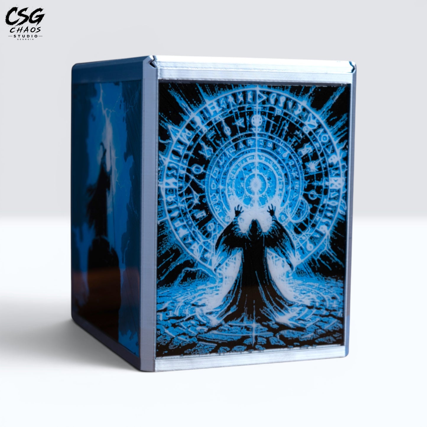 MTG Commander Deck Box PRISM Series, close angle detail of arcane summoning circle panel art — Chaos Studio Georgia