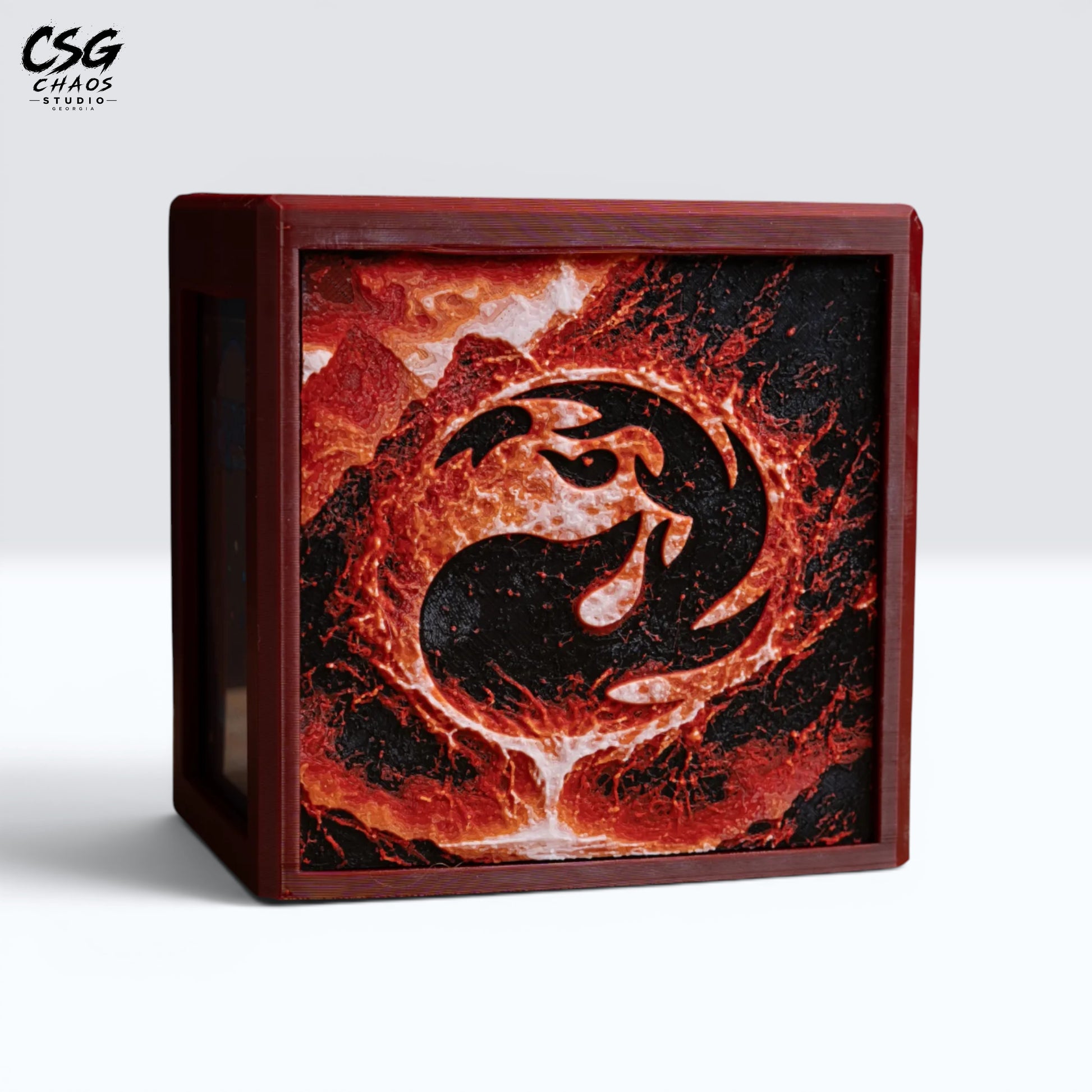 MTG Commander deck box open from the top showing a full double-sleeved card stack inside — Chaos Studio Georgia