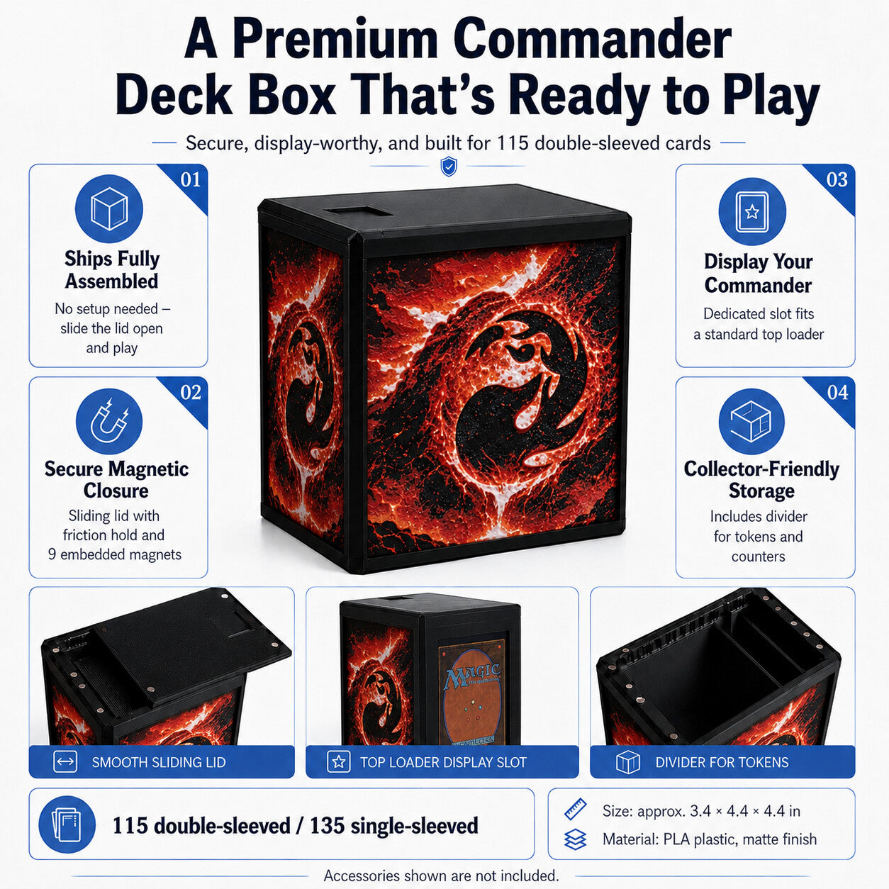 MTG Commander deck box feature graphic — magnetic sliding lid, display window and removable divider — Chaos Studio Georgia