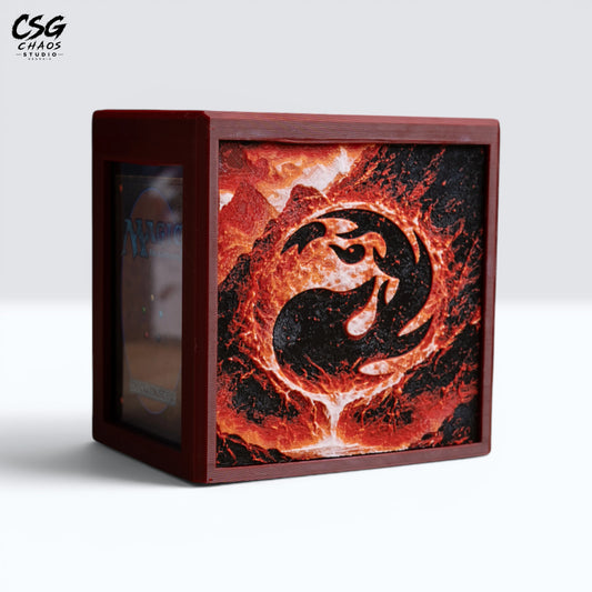 MTG Commander deck box in red with a Hueforge molten lava panel and fire sigil, front view — Chaos Studio Georgia