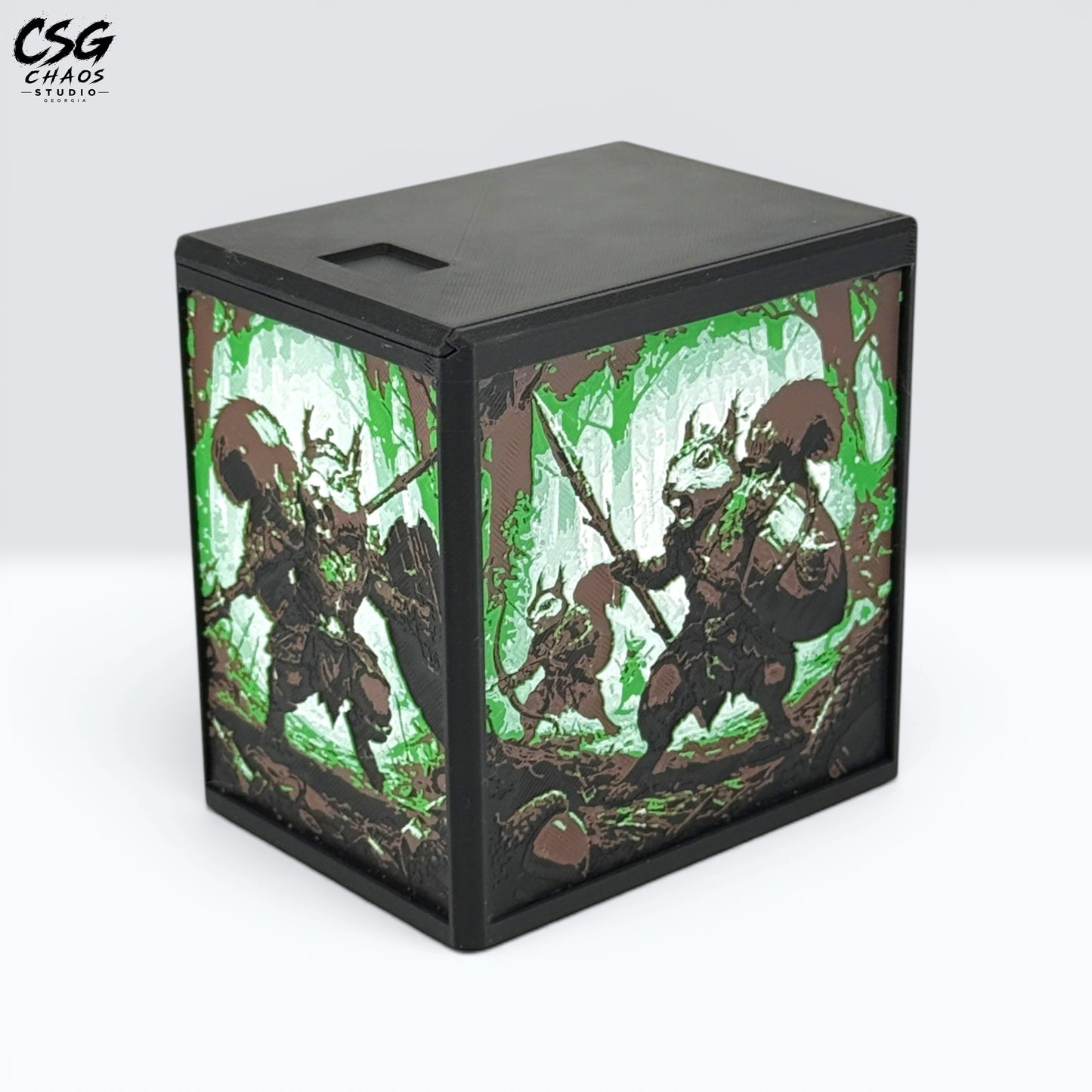 MTG Commander Deck Box PRISM series in black frame with woodland squirrel warriors Hueforge art — Chaos Studio Georgia