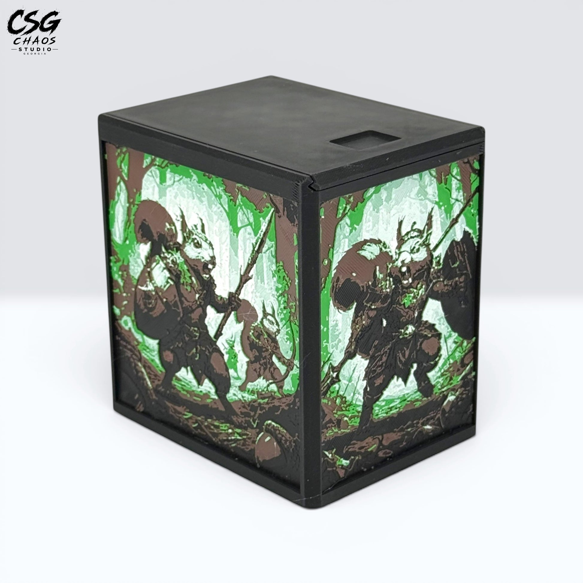 MTG Commander Deck Box front view of squirrel spearman and companion in forest Hueforge art — Chaos Studio Georgia