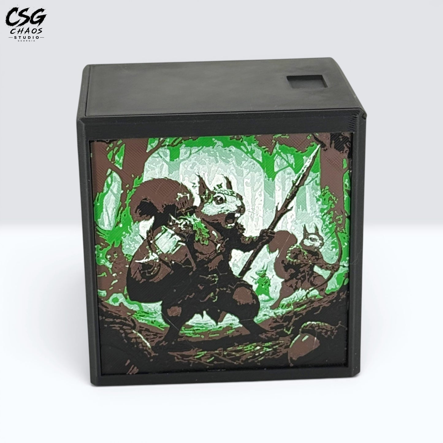 MTG Commander Deck Box close front view of squirrel spearman Hueforge panel in forest green and white — Chaos Studio Georgia