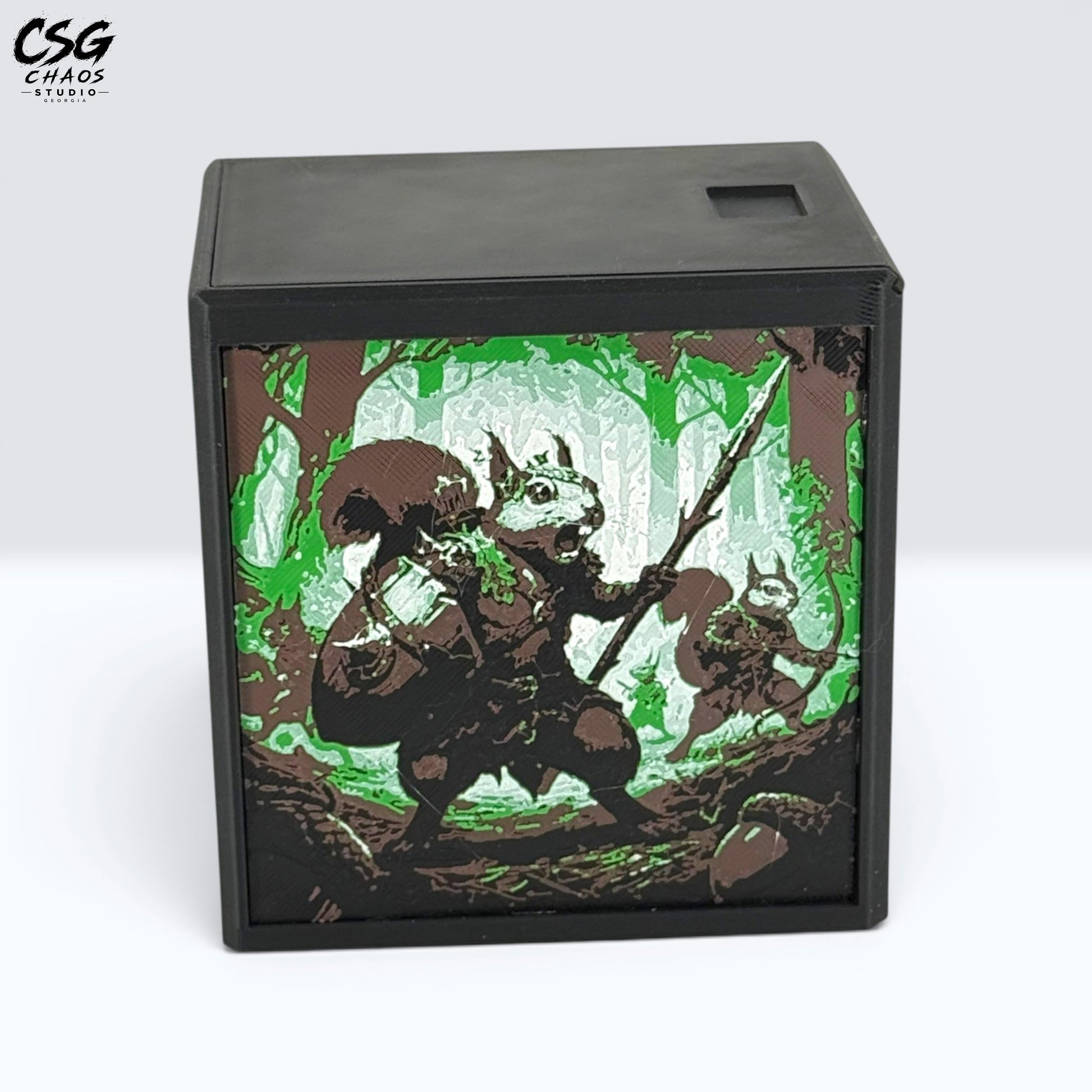 MTG Commander Deck Box close front view of squirrel spearman Hueforge panel in forest green and white — Chaos Studio Georgia