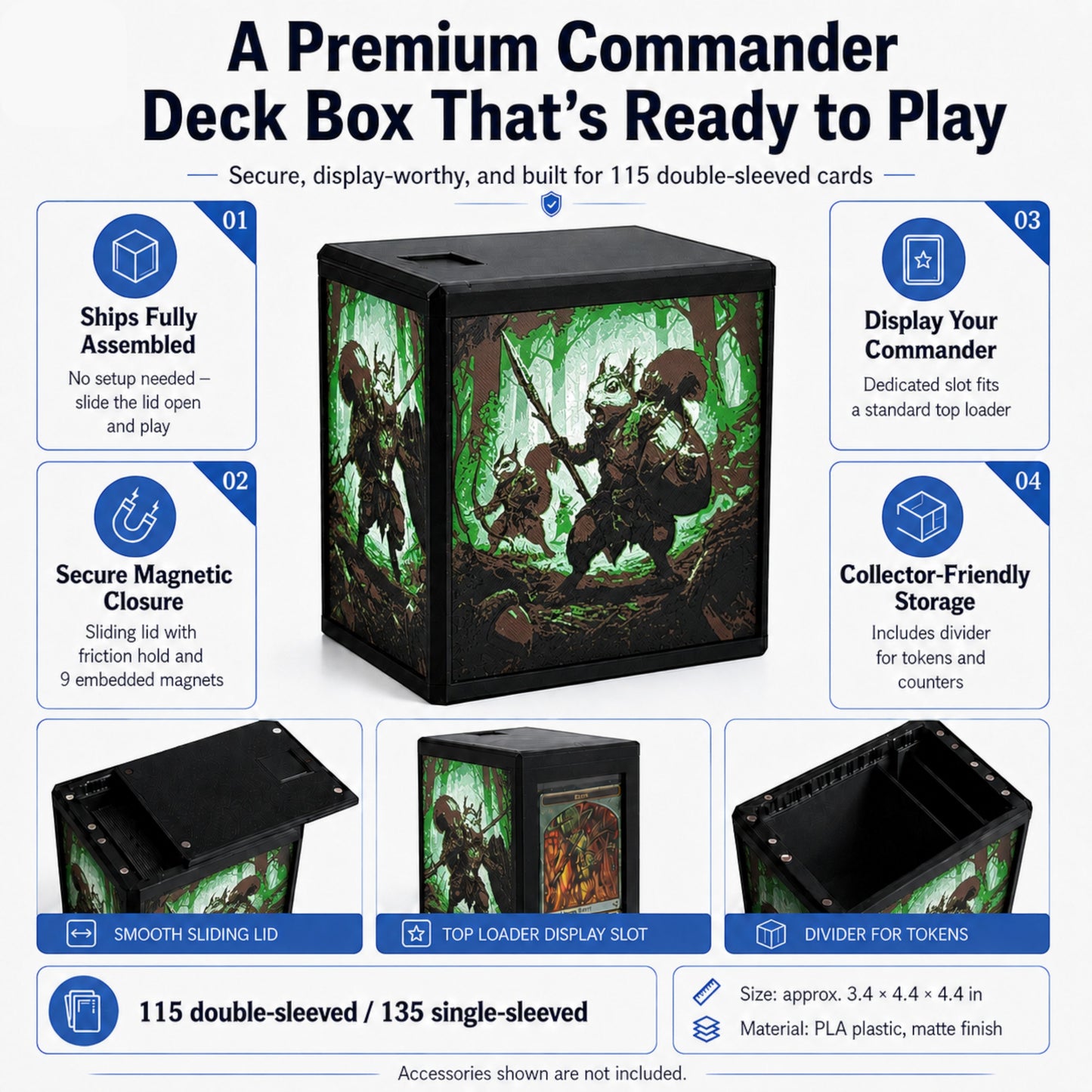 MTG Commander Deck Box infographic highlighting magnetic closure, top loader slot, and token divider — Chaos Studio Georgia